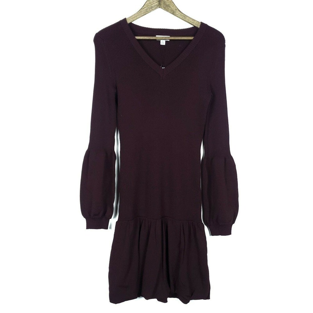 Current Air Sweater Dress Medium Deep Wine Red Ribbed Knit Stretch V Neck Mini